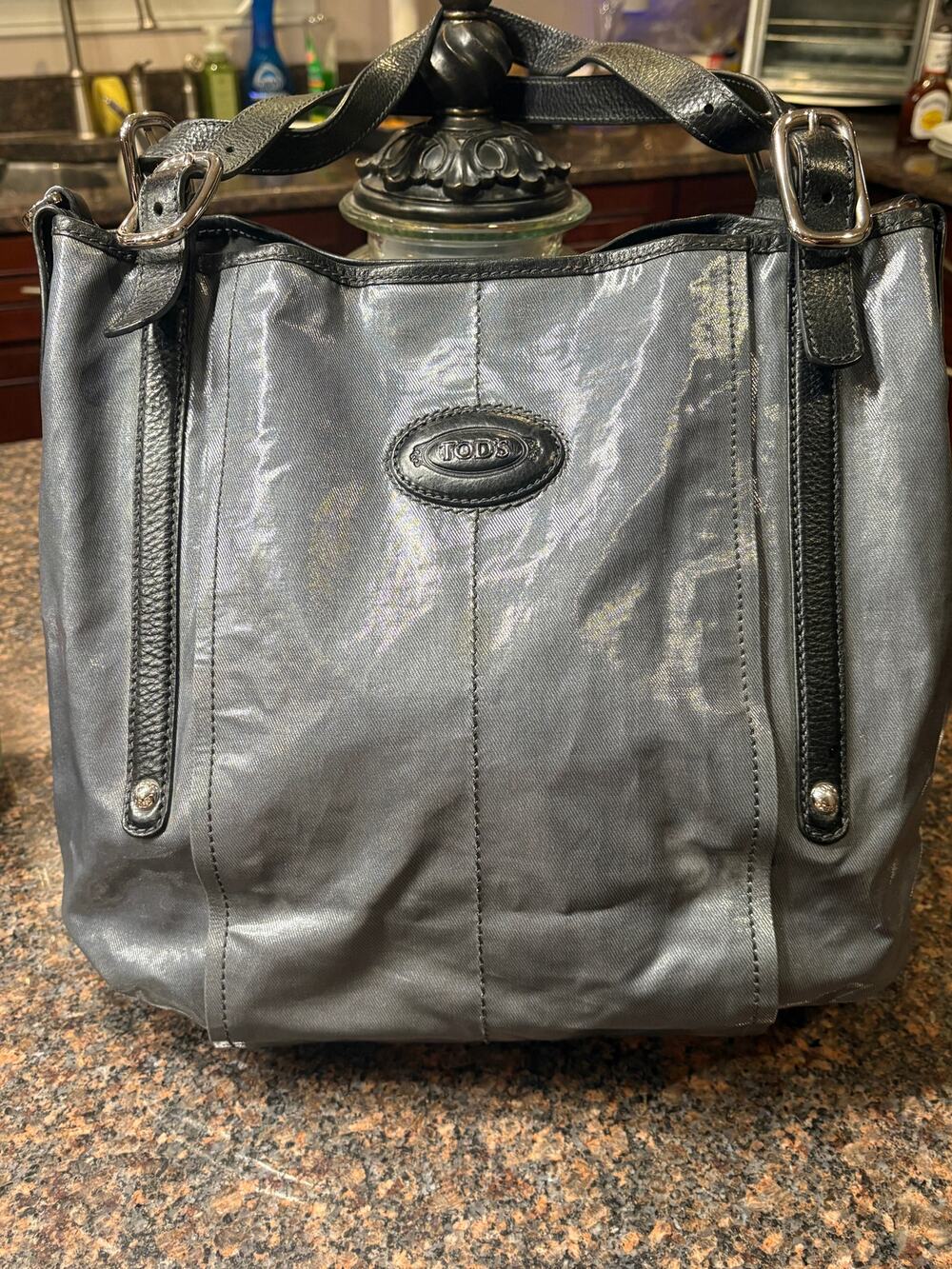 Tod's G-Line Easy Sacca Gray Coated Canvas Tote Leather Trim Made in Italy